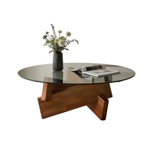 English Elm Modern Round Glass Top Coffee Table with Walnut Wood Base for Living Room Decor W3101P534702