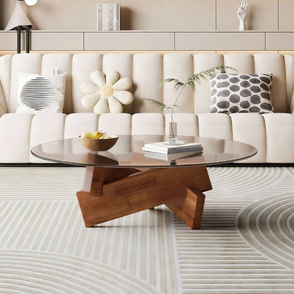 English Elm Modern Round Glass Top Coffee Table with Walnut Wood Base for Living Room Decor W3101P534702