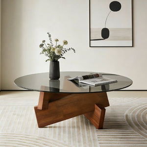 English Elm Modern Round Glass Top Coffee Table with Walnut Wood Base for Living Room Decor W3101P534702