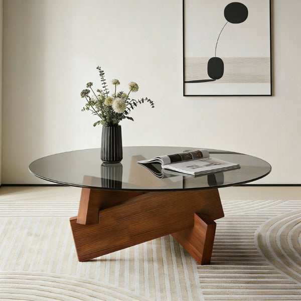 English Elm Modern Round Glass Top Coffee Table with Walnut Wood Base for Living Room Decor W3101P534702