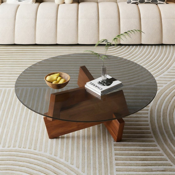 English Elm Modern Round Glass Top Coffee Table with Walnut Wood Base for Living Room Decor W3101P534702