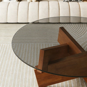English Elm Modern Round Glass Top Coffee Table with Walnut Wood Base for Living Room Decor W3101P534702