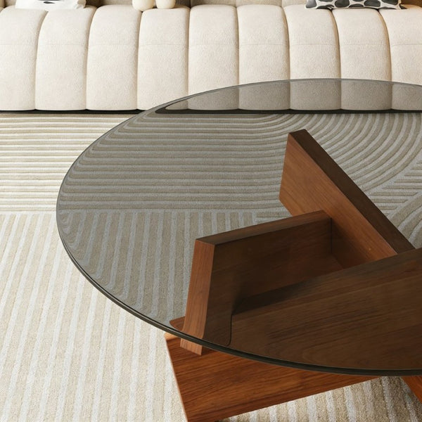 English Elm Modern Round Glass Top Coffee Table with Walnut Wood Base for Living Room Decor W3101P534702