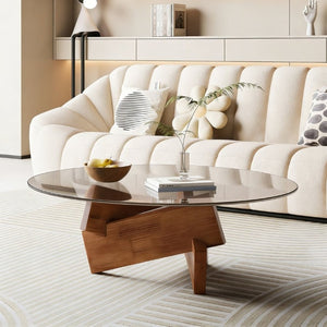 English Elm Modern Round Glass Top Coffee Table with Walnut Wood Base for Living Room Decor W3101P534702