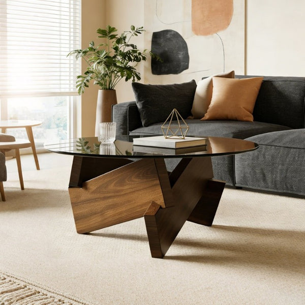 English Elm Modern Round Glass Top Coffee Table with Walnut Wood Base for Living Room Decor W3101P534702