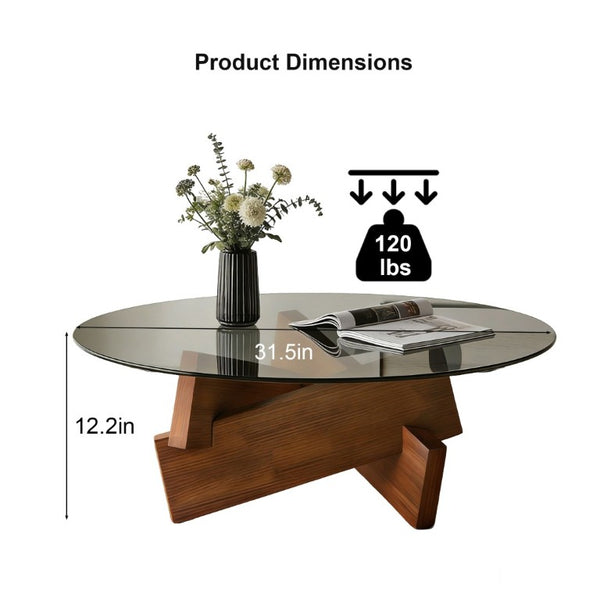 English Elm Modern Round Glass Top Coffee Table with Walnut Wood Base for Living Room Decor W3101P534702