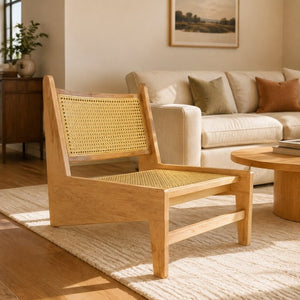 English Elm Modern Woven Rattan Accent Chair Walnut Wood Frame Bohemian Living Room Seat W3101P548133