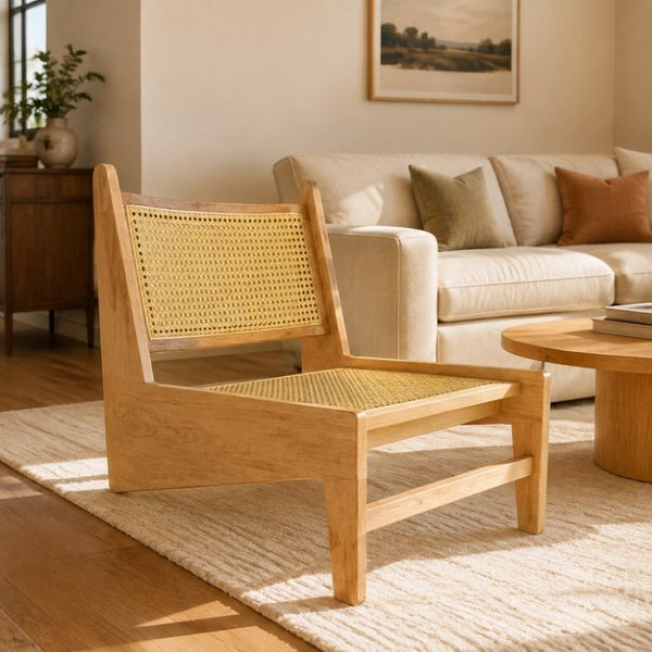 English Elm Modern Woven Rattan Accent Chair Walnut Wood Frame Bohemian Living Room Seat W3101P548133