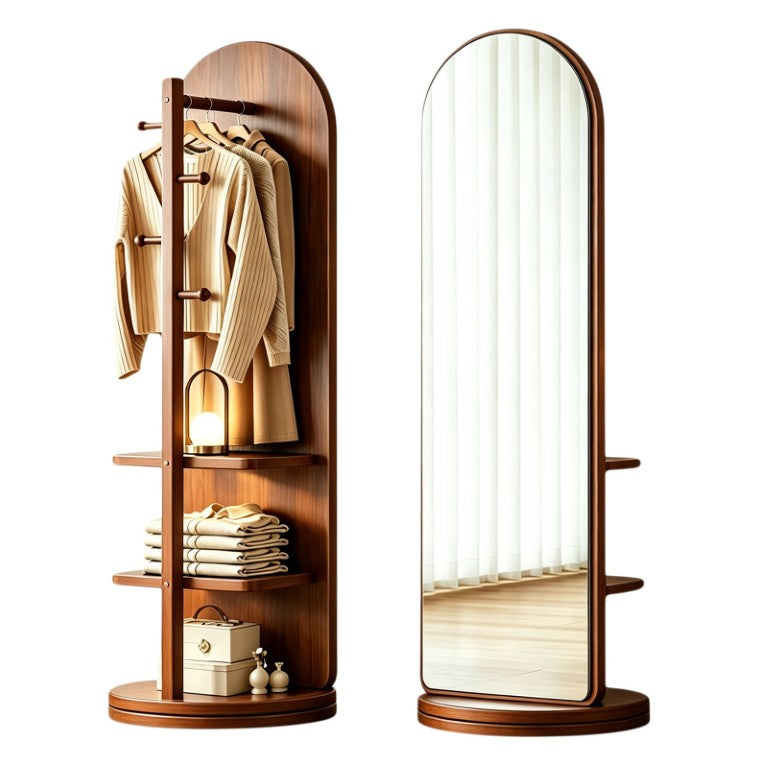 English Elm 65In Rotating Arched Full Length Mirror with Eucalyptus Wood Coat Rack and Open Shelves W3101P548863