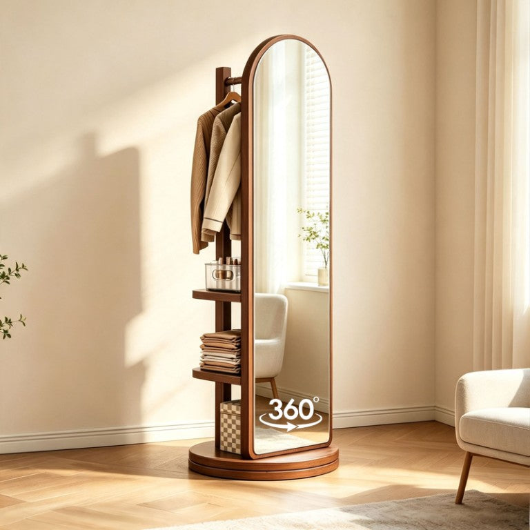 English Elm 65In Rotating Arched Full Length Mirror with Eucalyptus Wood Coat Rack and Open Shelves W3101P548863