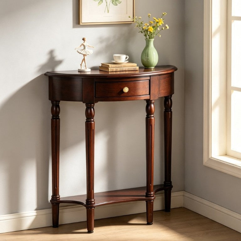 English Elm 23.6 Inch Semi-Circle Entryway Console Table with Drawer Carved Legs Dark Wood W3101P548870