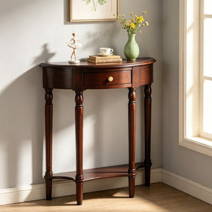 English Elm 23.6 Inch Semi-Circle Entryway Console Table with Drawer Carved Legs Dark Wood W3101P548870