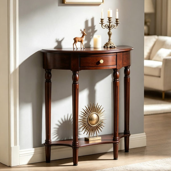 English Elm 23.6 Inch Semi-Circle Entryway Console Table with Drawer Carved Legs Dark Wood W3101P548870