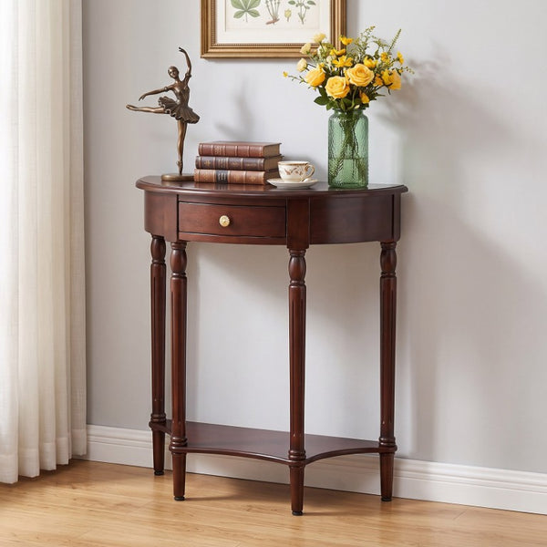 English Elm 23.6 Inch Semi-Circle Entryway Console Table with Drawer Carved Legs Dark Wood W3101P548870