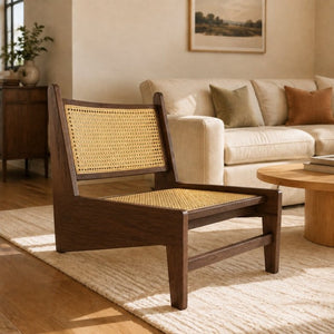 English Elm Modern Rattan Weave Accent Chair Walnut Wood Frame Boho Mid Century Living Room Seat W3101P552731