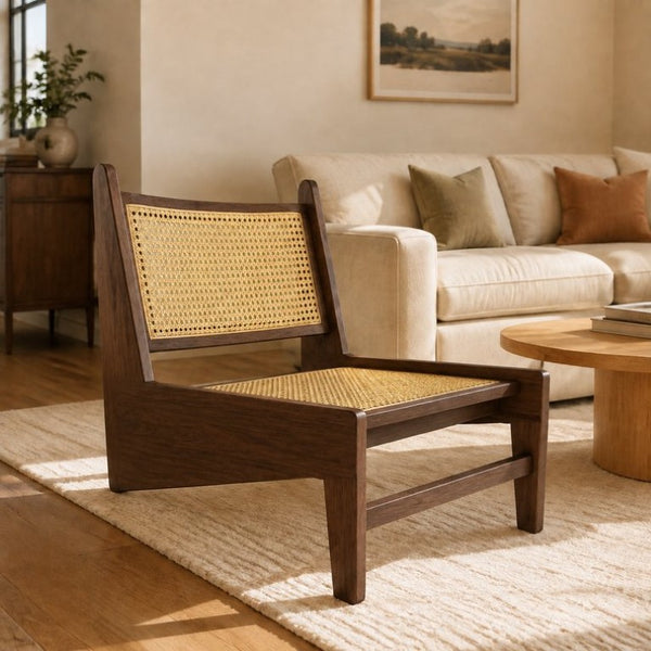 English Elm Modern Rattan Weave Accent Chair Walnut Wood Frame Boho Mid Century Living Room Seat W3101P552731