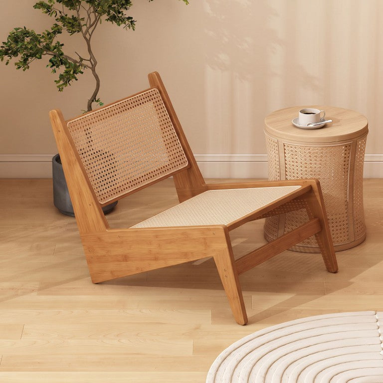 English Elm Mid-Century Modern Armless Cane Lounge Chair Woven Rattan Bamboo Frame for Sunroom Natural W3101P555216
