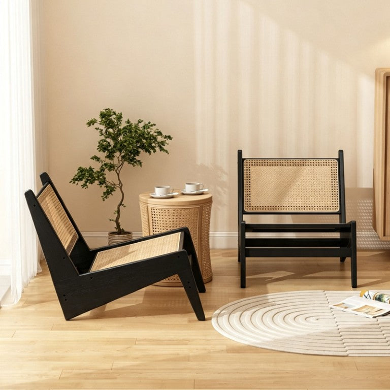 English Elm Mid-Century Armless Rattan Cane Lounge Chair Bamboo Frame for Sunroom or Living Room W3101P555219