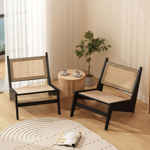 English Elm Mid-Century Armless Rattan Cane Lounge Chair Bamboo Frame for Sunroom or Living Room W3101P555219