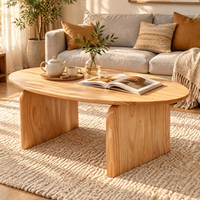 English Elm Oval Solid Pine Coffee Table with Curved Legs and Natural Grain Finish for Small Spaces W3101P574156
