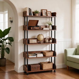 English Elm 5-Tier Industrial Bookcase Rustic Brown MDF Shelving with Black Metal Frame for Home Office W3101P574173