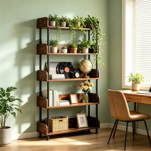 English Elm 5-Tier Industrial Bookcase Rustic Brown MDF Shelving with Black Metal Frame for Home Office W3101P574173