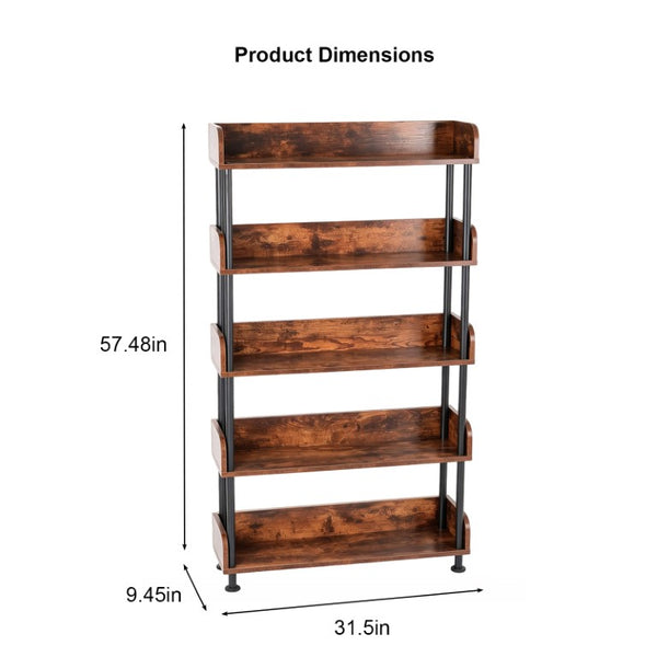 English Elm 5-Tier Industrial Bookcase Rustic Brown MDF Shelving with Black Metal Frame for Home Office W3101P574173