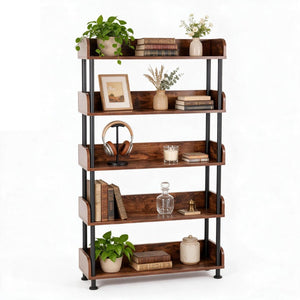 English Elm 5-Tier Industrial Bookcase Rustic Brown MDF Shelving with Black Metal Frame for Home Office W3101P574173