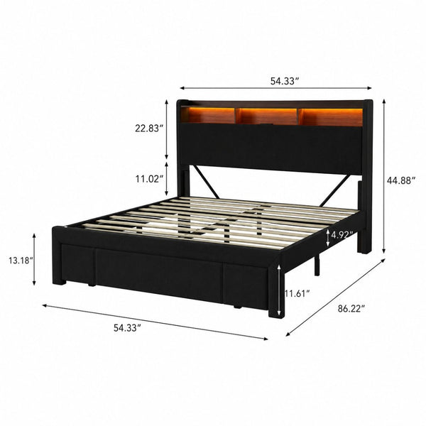 English Elm Queen-size Velvet Platform Bed with Led Lighting Built-in Charging and Foot Storage Drawer Black W3107P503371