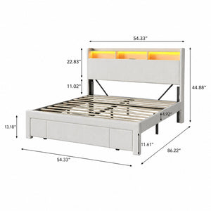 English Elm Queen-size Velvet Platform Bed with Led Lighting Built-in Charging and Foot Storage Drawer Beige W3107P503396