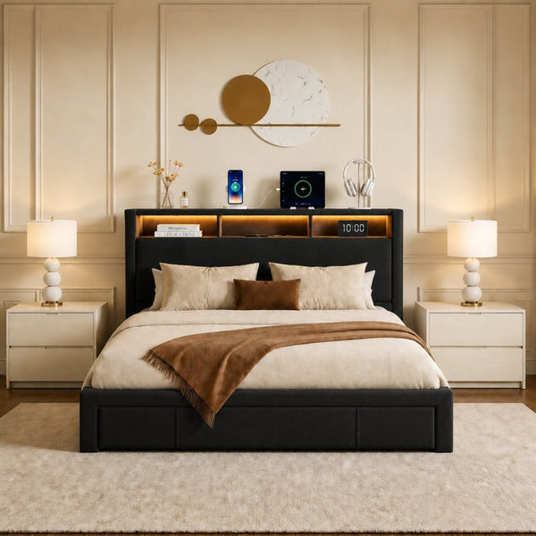 English Elm Queen-size Velvet Upholstered Storage Bed with Led Lighting Usb Charging Modern Frame W3107P503437