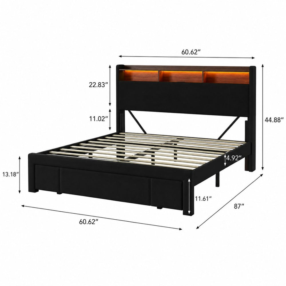 English Elm Queen-size Velvet Upholstered Storage Bed with Led Lighting Usb Charging Modern Frame W3107P503437