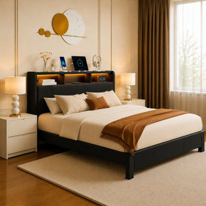 English Elm Queen-size Velvet Upholstered Storage Bed with Led Lighting Usb Charging Modern Frame W3107P503437