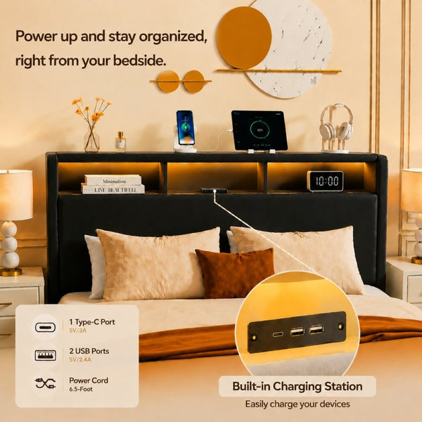 English Elm Queen-size Velvet Upholstered Storage Bed with Led Lighting Usb Charging Modern Frame W3107P503437