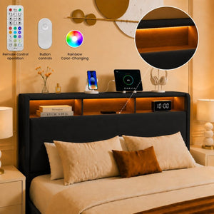 English Elm Queen-size Velvet Upholstered Storage Bed with Led Lighting Usb Charging Modern Frame W3107P503437