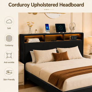 English Elm Queen-size Velvet Upholstered Storage Bed with Led Lighting Usb Charging Modern Frame W3107P503437