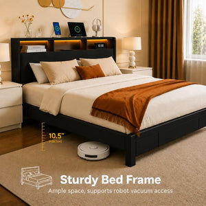 English Elm Queen-size Velvet Upholstered Storage Bed with Led Lighting Usb Charging Modern Frame W3107P503437
