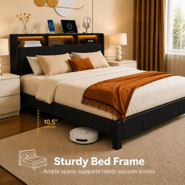 English Elm Queen-size Velvet Upholstered Storage Bed with Led Lighting Usb Charging Modern Frame W3107P503437