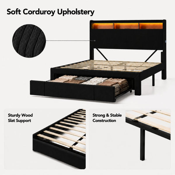 English Elm Queen-size Velvet Upholstered Storage Bed with Led Lighting Usb Charging Modern Frame W3107P503437