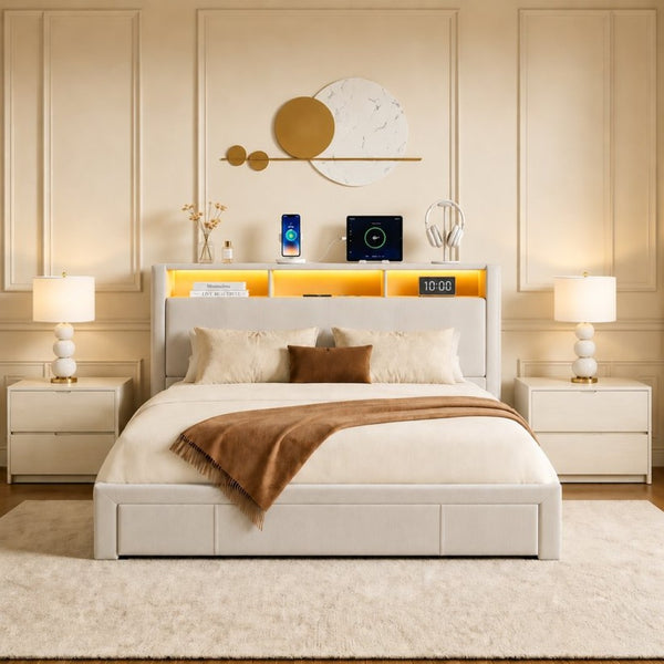 English Elm Queen-size Velvet Platform Bed with Led Lighting Built-in Charging and Foot Storage Drawer W3107P503440