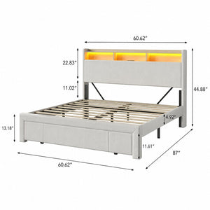 English Elm Queen-size Velvet Platform Bed with Led Lighting Built-in Charging and Foot Storage Drawer W3107P503440