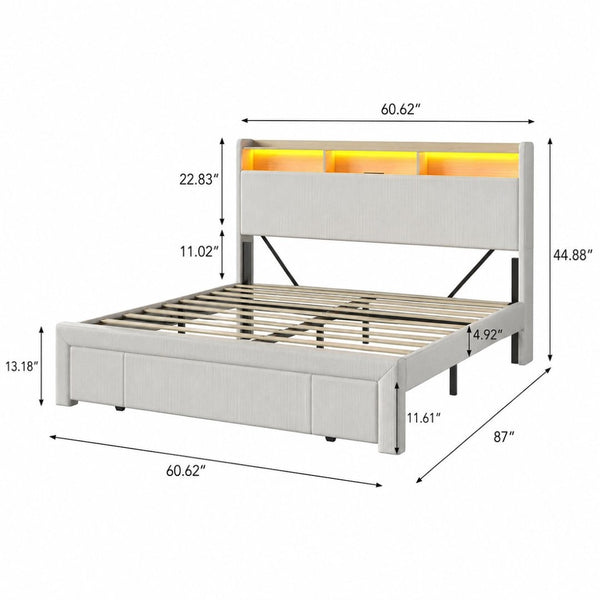 English Elm Queen-size Velvet Platform Bed with Led Lighting Built-in Charging and Foot Storage Drawer W3107P503440