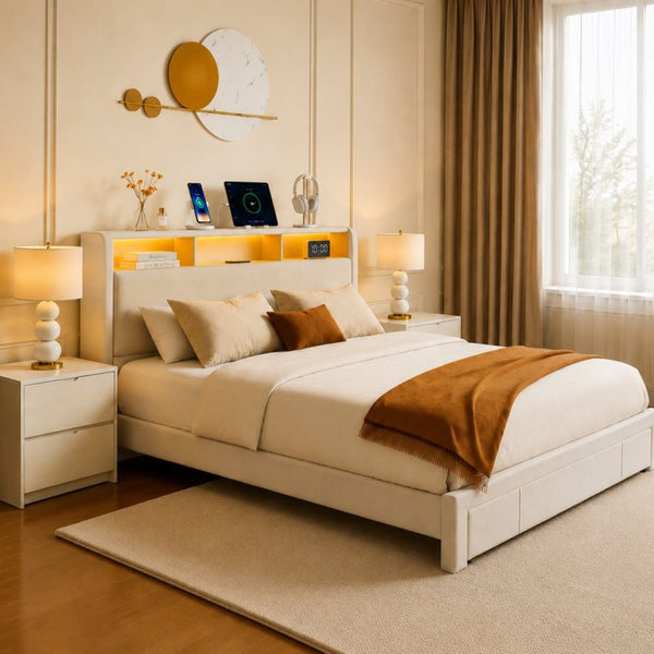 English Elm Queen-size Velvet Platform Bed with Led Lighting Built-in Charging and Foot Storage Drawer W3107P503440