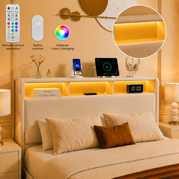 English Elm Queen-size Velvet Platform Bed with Led Lighting Built-in Charging and Foot Storage Drawer W3107P503440