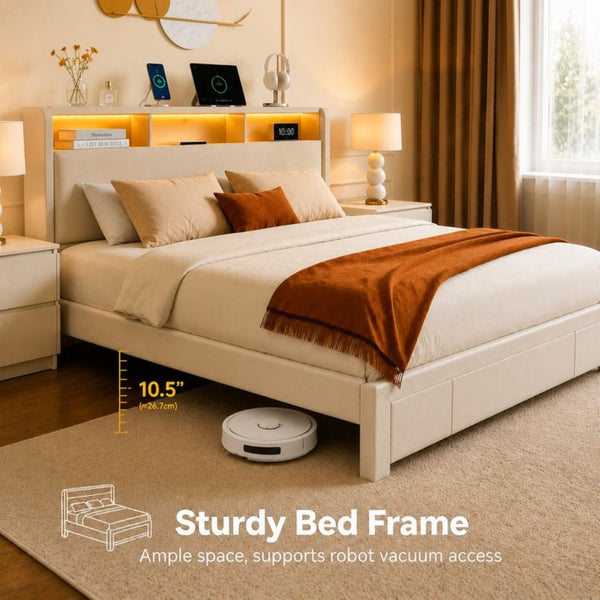 English Elm Queen-size Velvet Platform Bed with Led Lighting Built-in Charging and Foot Storage Drawer W3107P503440