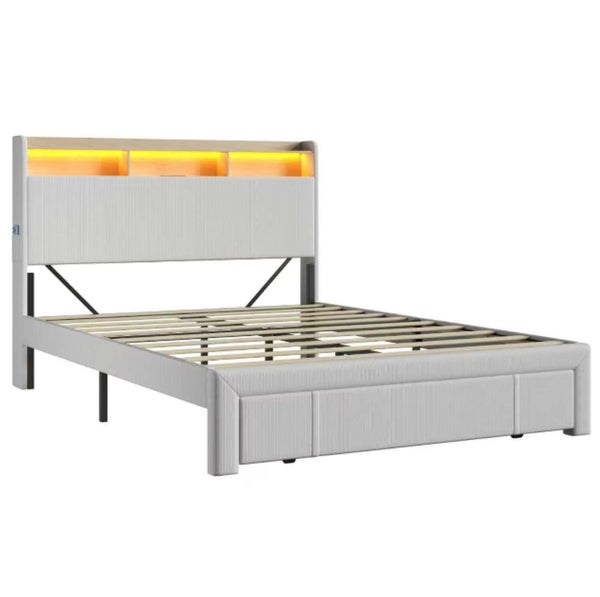 English Elm Queen-size Velvet Platform Bed with Led Lighting Built-in Charging and Foot Storage Drawer W3107P503440