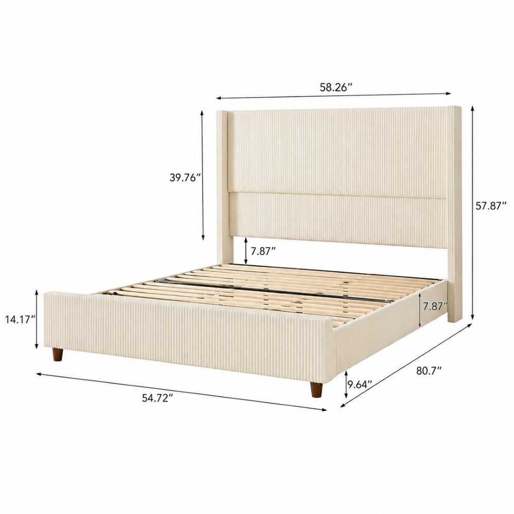 English Elm Full-Size Wingback Bed Corduroy Upholstered Channel Tufted Headboard Walnut Legs W3107P503770