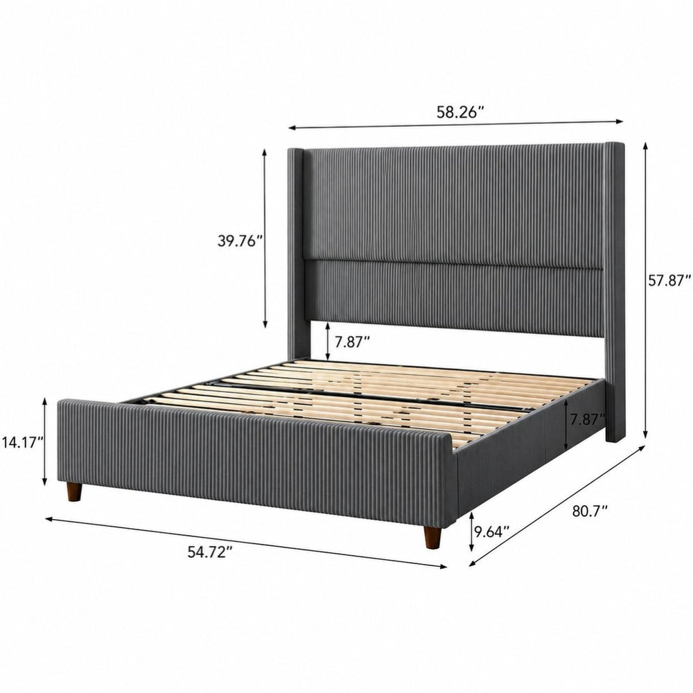 English Elm Full Corduroy Upholstered Bed Walnut Tapered Legs Grooved Headboard No Box Spring W3107P503797