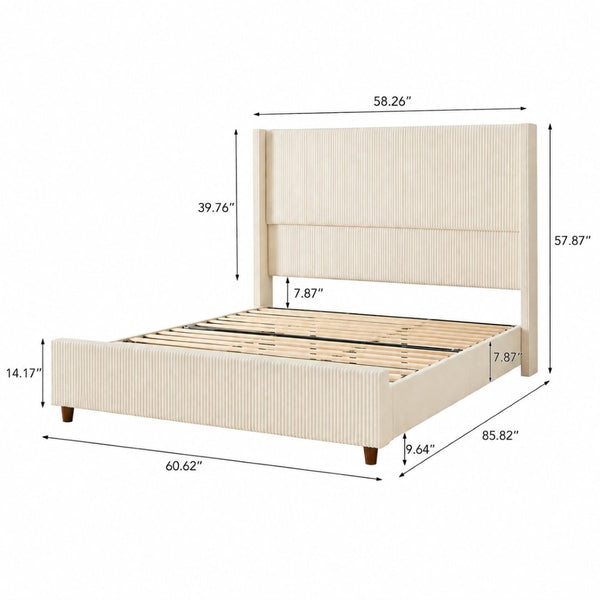English Elm Queen-Size Wingback Bed Corduroy Upholstered Channel Tufted Frame with Walnut Legs W3107P503824