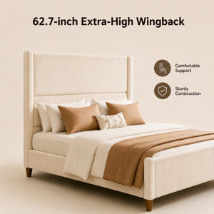 English Elm Queen-Size Wingback Bed Corduroy Upholstered Channel Tufted Frame with Walnut Legs W3107P503824